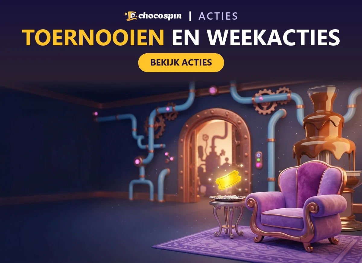 Paarse fauteuil naast een chocoladefontein en een zwevend gouden ticket voor acties voor vaste spelers