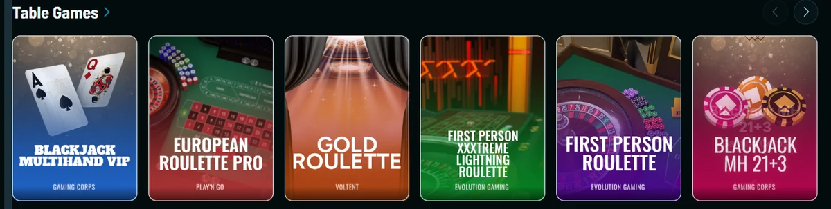 Tafelspellen Blackjack Multihand VIP, European Roulette Pro en Gold Roulette in een lobbyrij